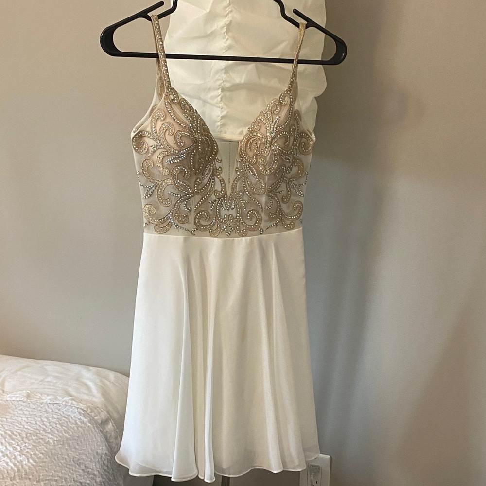 JVN by Jovani Gold and White Prom Dress